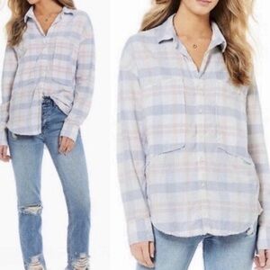 Free People Womens Loveland Button Up Shirt XS Plaid‎ Pink Purple Loose Fit